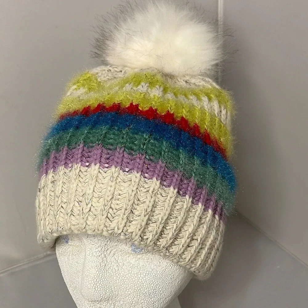 Rainbow Striped Knit Beanie Hat with Faux Fur Pom Pom and Metallic Tinsel Accent